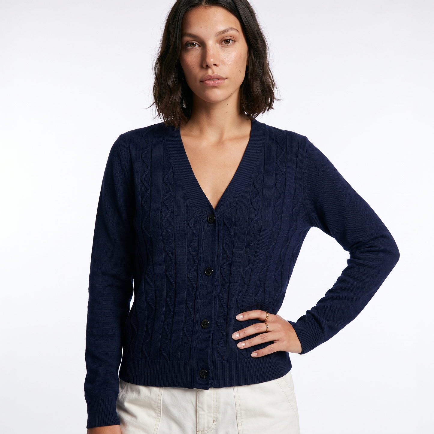 Sunoire custom men s cable knit v neck cardigan sweater buttons pockets winter autumn odm pattern decoration winter cardigan sweater colorway navy blue front crop 01