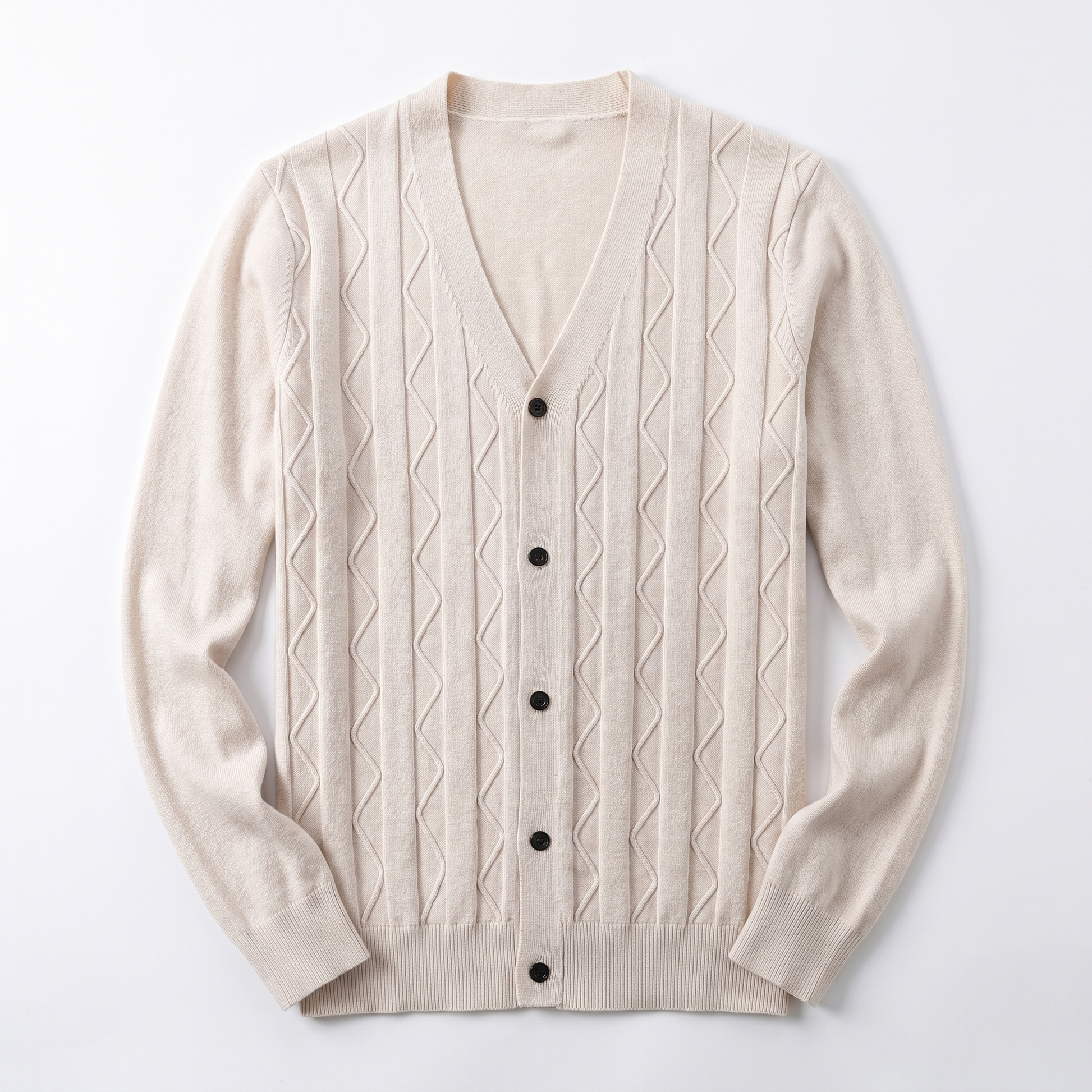 Sunoire custom men s cable knit v neck cardigan sweater buttons pockets winter autumn odm pattern decoration winter cardigan sweater garment flatlay 01