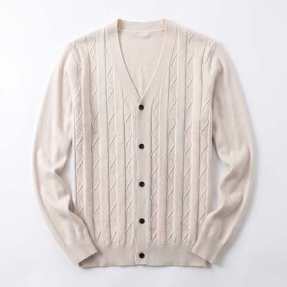 Sunoire custom men s cable knit v neck cardigan sweater buttons pockets winter autumn odm pattern decoration winter cardigan sweater garment flatlay 01