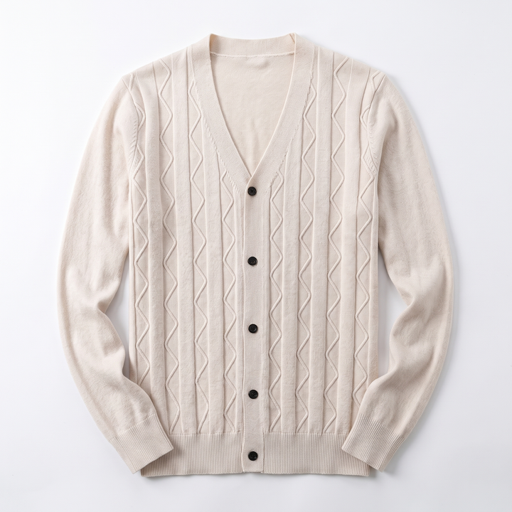 Sunoire custom men s cable knit v neck cardigan sweater buttons pockets winter autumn odm pattern decoration winter cardigan sweater garment flatlay 01