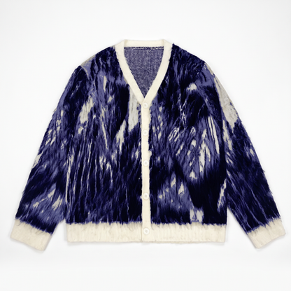 Sunoire custom oem odm mohair men s thick zipper closure fuzzy knit winter cardigan sweater with long sleeves garment flatlay 01