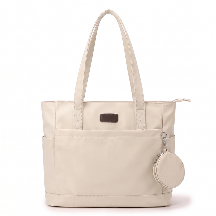 Women's Nylon Structured Tote Bag – Khaki Everyday Casual Shopper Tote — Cream White