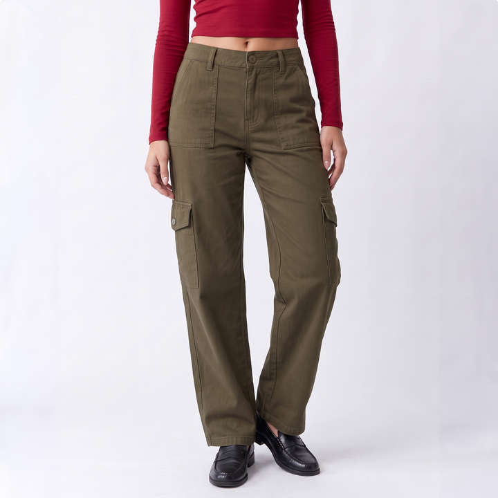 Women's Button Front High Waisted Cargo Pants – Beige — Army Green