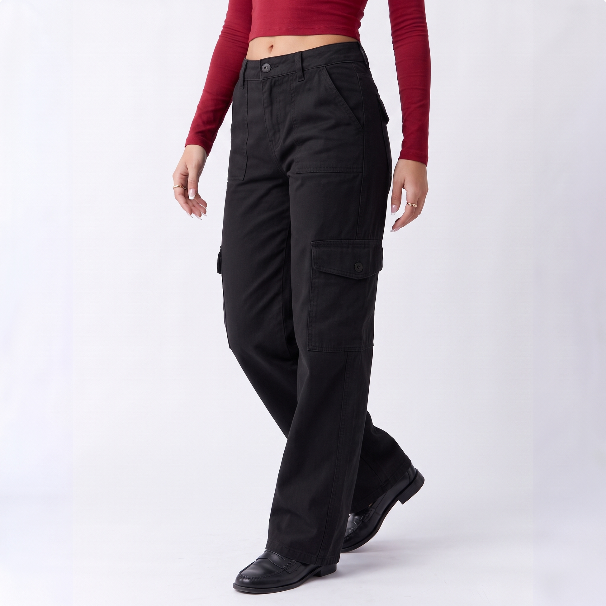 wholesale cargo pants ladies casual trouser woman clothes pants women high waisted trousers with pocket in Black colorway image