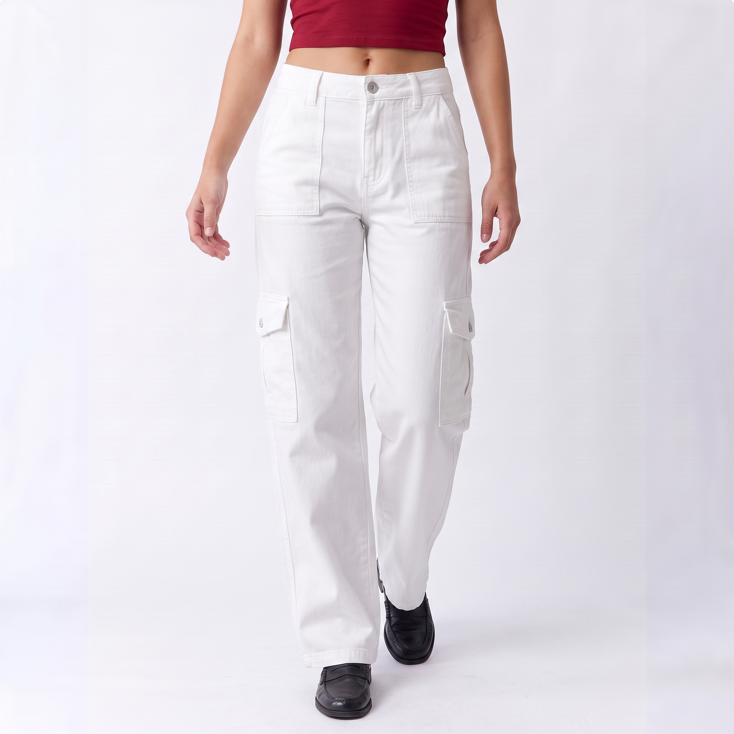 wholesale cargo pants ladies casual trouser woman clothes pants women high waisted trousers with pocket in White colorway image
