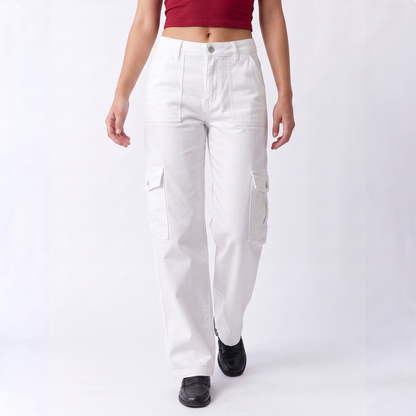 wholesale cargo pants ladies casual trouser woman clothes pants women high waisted trousers with pocket in White colorway image
