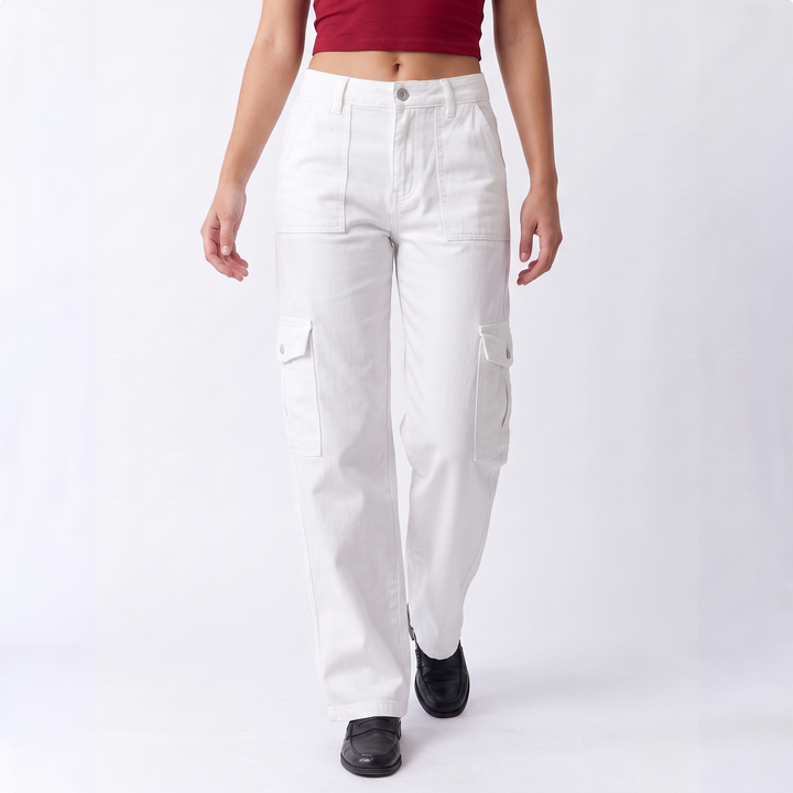 Women's Button Front High Waisted Cargo Pants – Beige — White