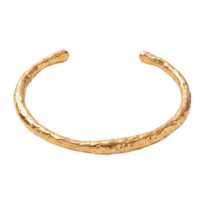 Sunoire j d alluring stainless steel women jewelry bangle 18k gold irregular textured open bangle bracelet 01 flatlay gold
