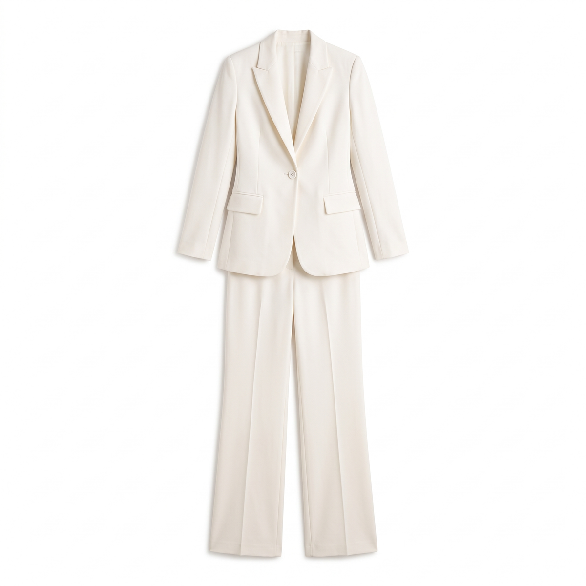Single Button Blazer Trouser Set, Tailored Office Two Piece Suit, Flat lay