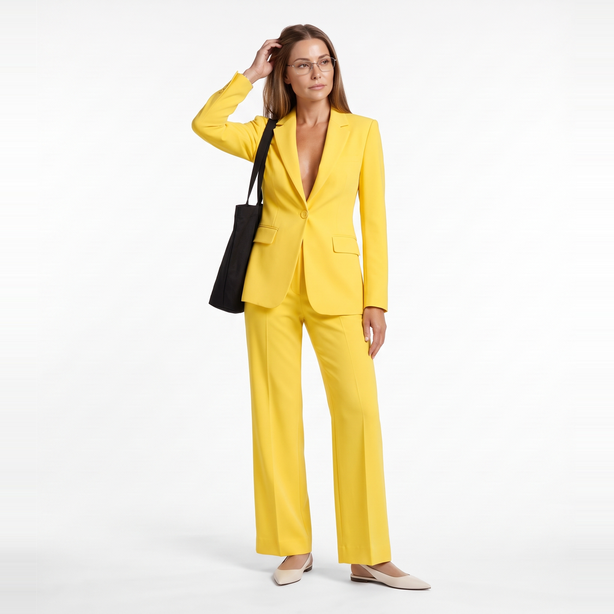 Single Button Blazer Trouser Set, Tailored Office Two Piece Suit, Yellow