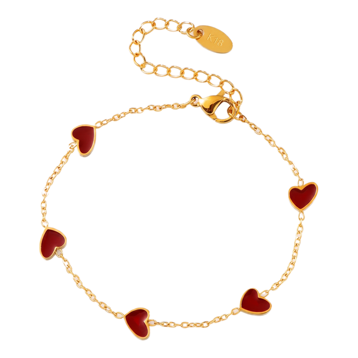 Sunoire fashion five crooked hearts red resin titanium steel 18k gold plated bracelet heart shaped for women tarnish resistant 01 flatlay red