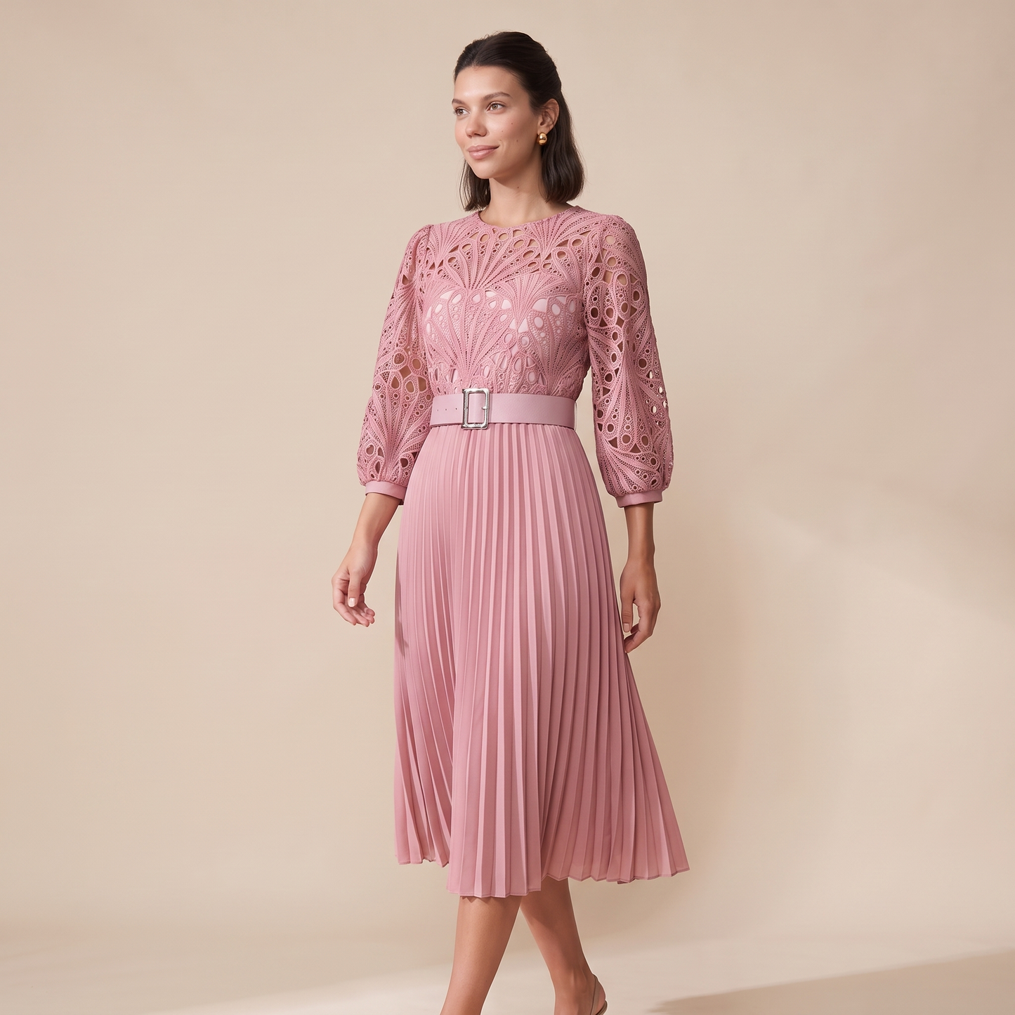 Sunoire d254 black lace pleated dress colorway dusty pink front hero 01