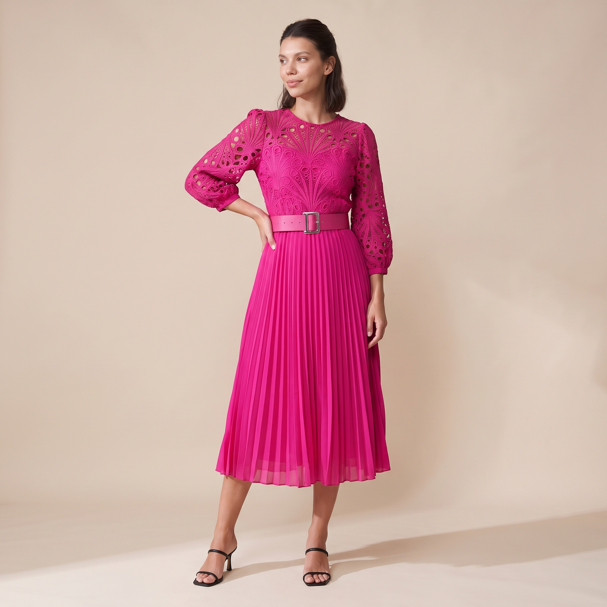 Sunoire d254 black lace pleated dress colorway hot pink front hero 01