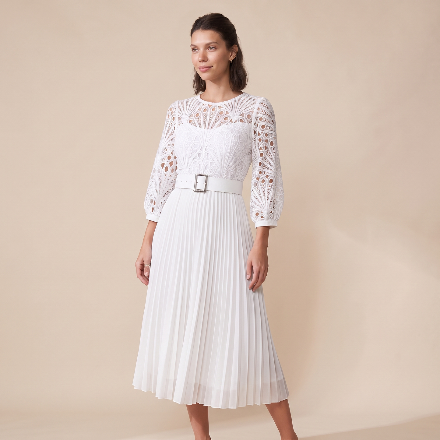 Sunoire d254 black lace pleated dress colorway white front hero 01