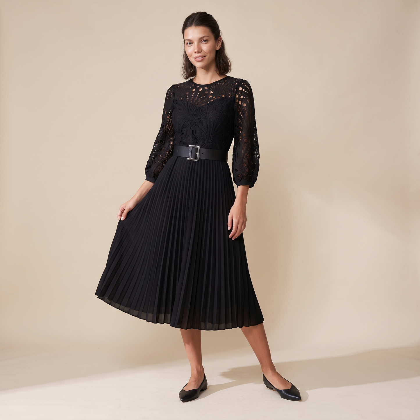 Sunoire d254 black lace pleated dress front hero 01