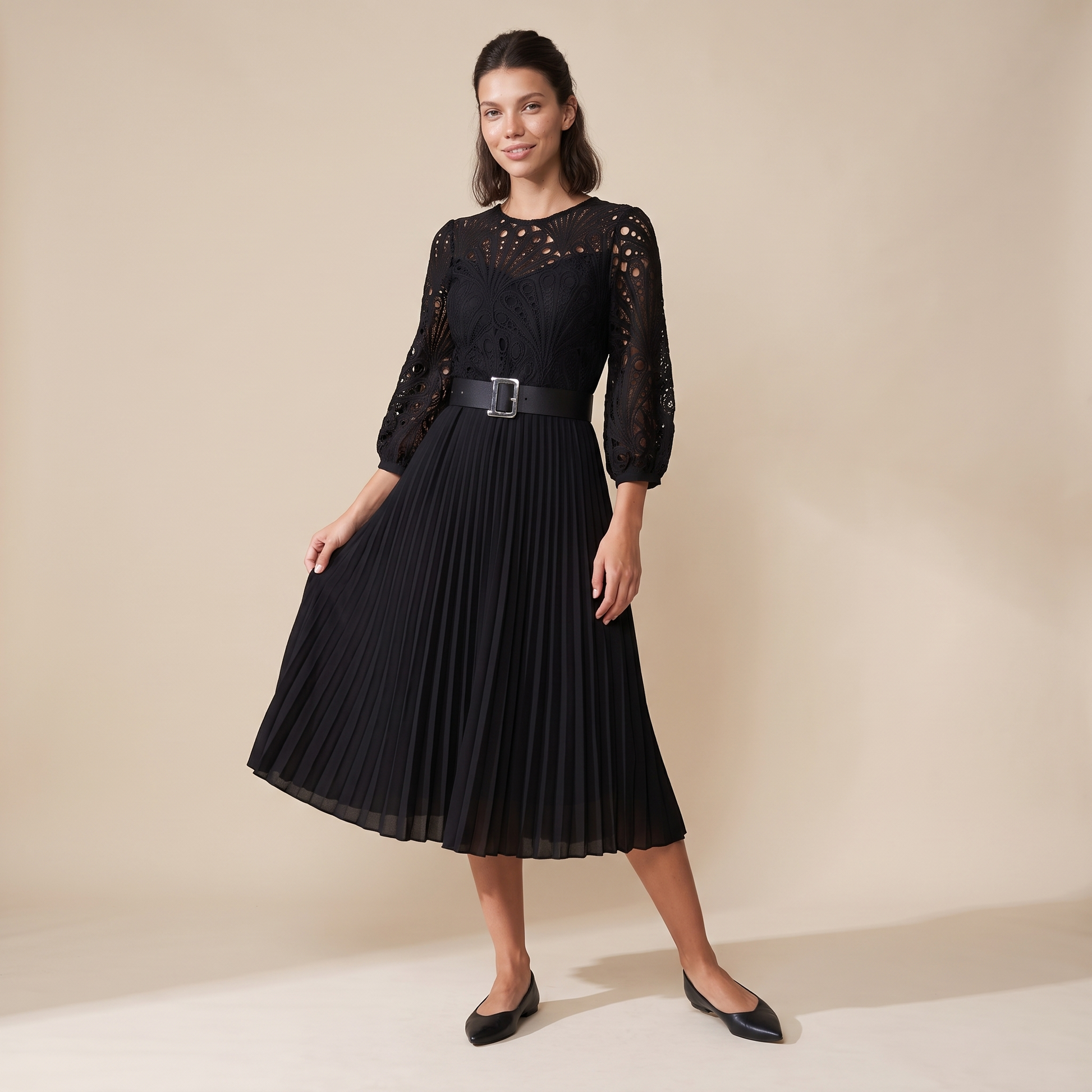 Sunoire d254 black lace pleated dress front hero 01