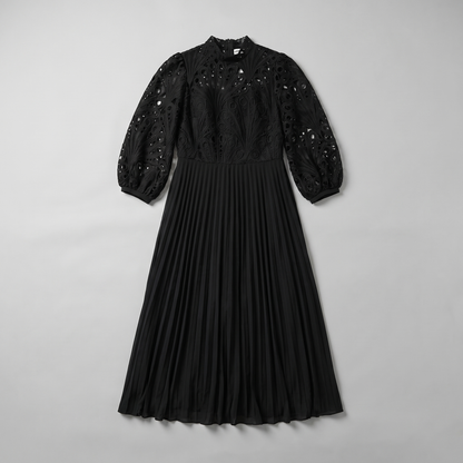 Sunoire d254 black lace pleated dress garment flatlay 01