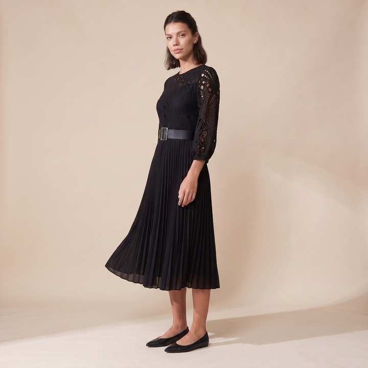 Sunoire d254 black lace pleated dress side view 01