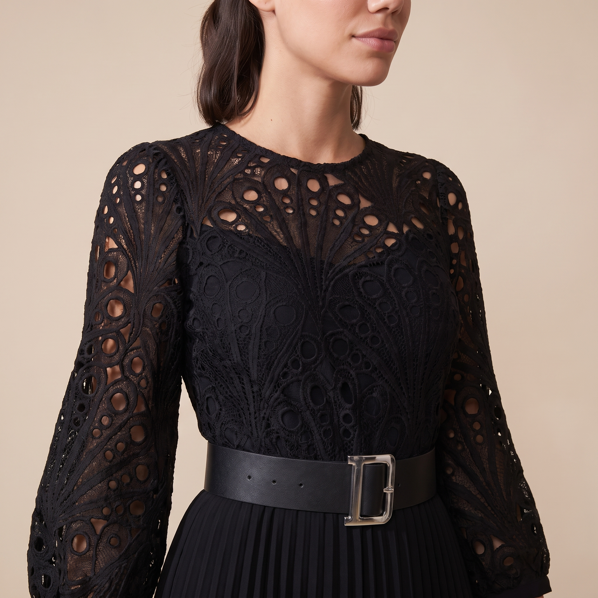 Sunoire d254 black lace pleated dress worn detail 01