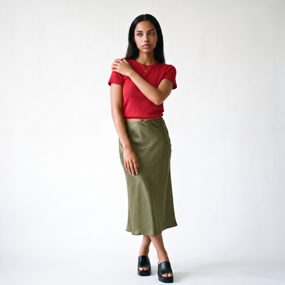 Sunoire damesrok 2026 satijnen rok dames hoge taille lan 60966d3b colorway olive green front hero 01