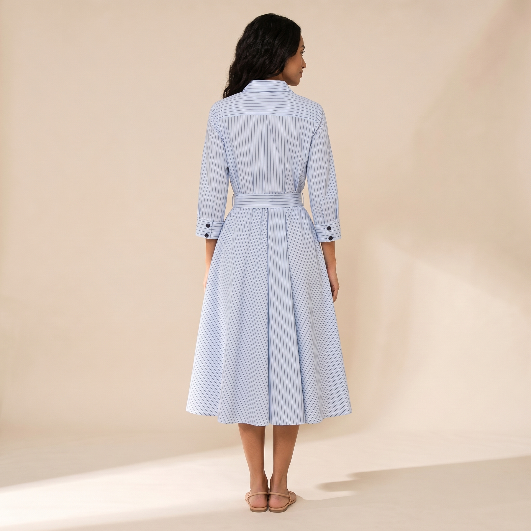Sunoire daphne blue stripe midi dress back view 01