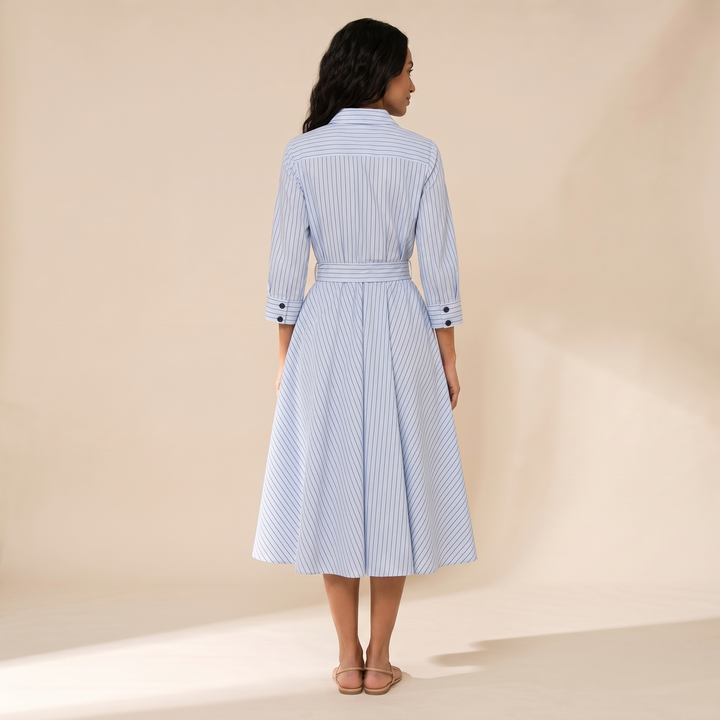 Sunoire daphne blue stripe midi dress back view 01