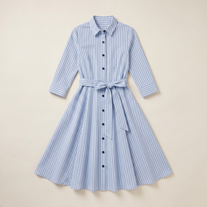 Sunoire daphne blue stripe midi dress garment flatlay 01