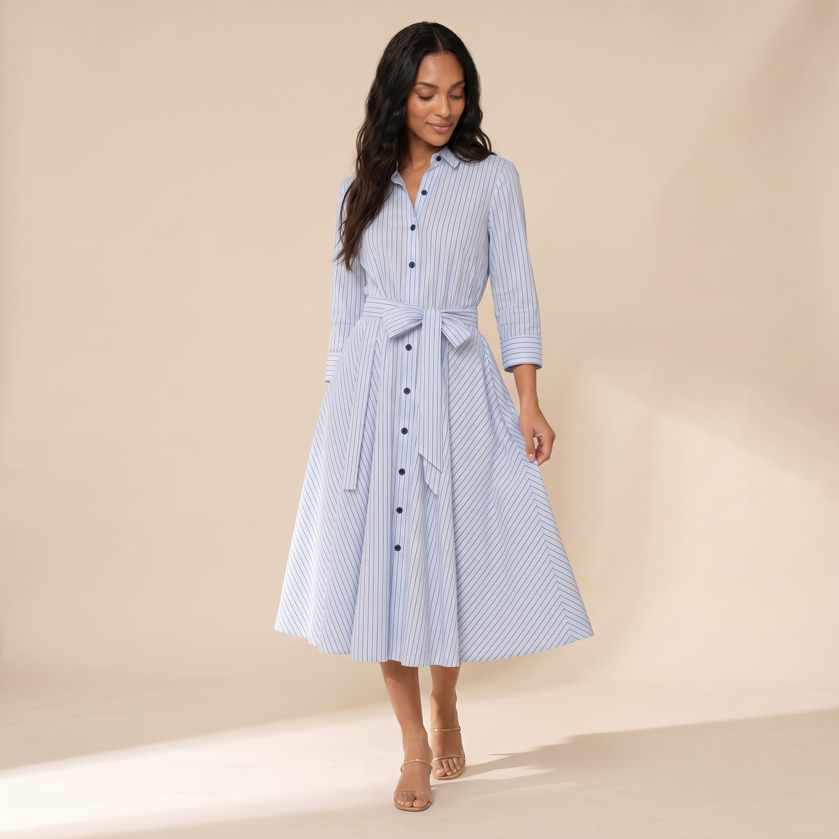 Sunoire daphne blue stripe midi dress three quarter 01