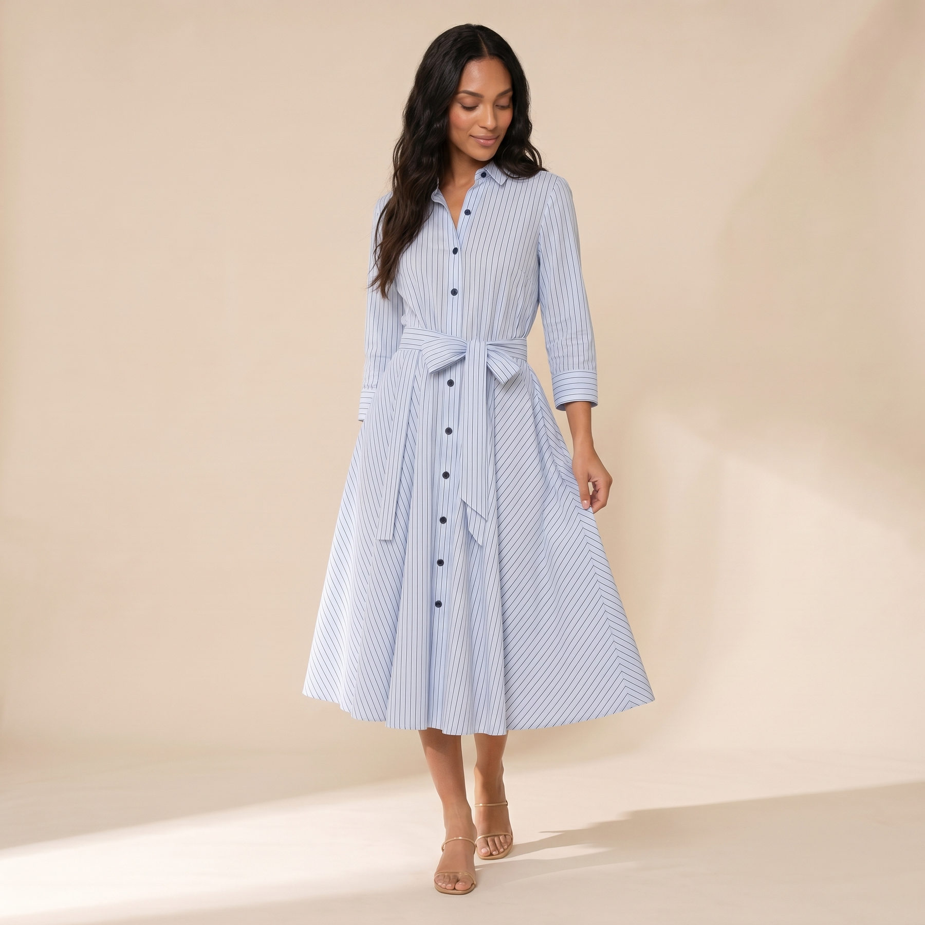 Sunoire daphne blue stripe midi dress three quarter 01