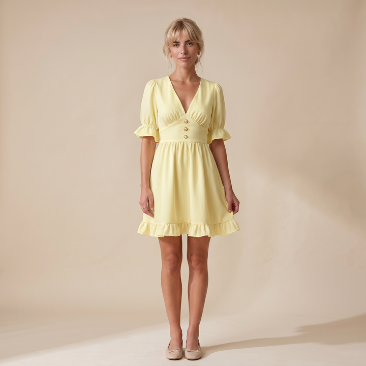 Daphne White Lace Trim Dress — Yellow