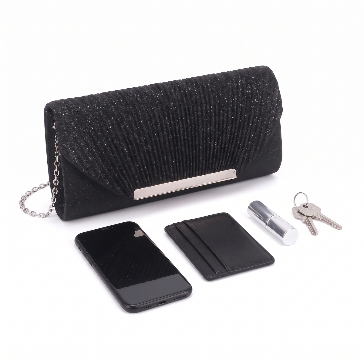Glitter Pleated Chain Clutch, what fits inside