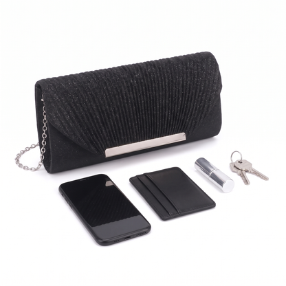 Glitter Pleated Chain Clutch, what fits inside
