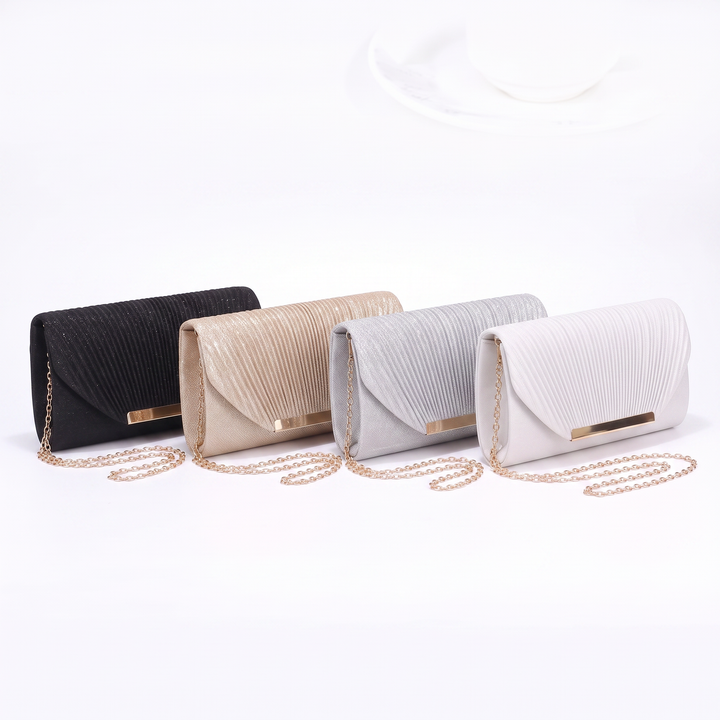 Sunoire delphine black glitter clutch bag collection flatlay - all colorways