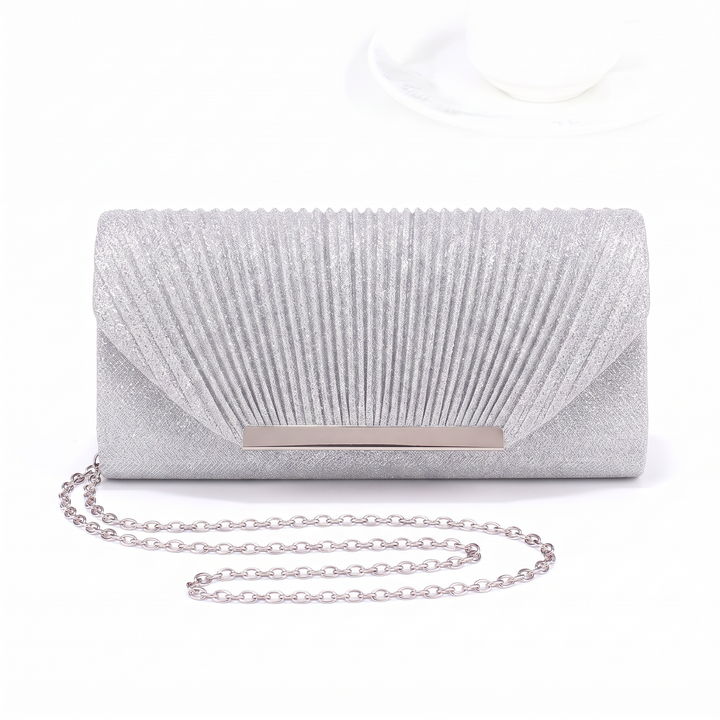 Glitter Pleated Chain Clutch – Black Evening Out Evening Bag — Silver