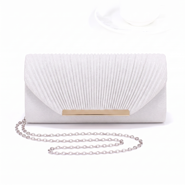 Glitter Pleated Chain Clutch – Black Evening Out Evening Bag — White