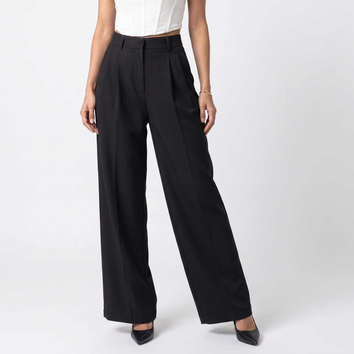 Sunoire design sense suit pants for women new arrival in spring and autumn high waist full length pants casual wide leg pants bottom front crop 01