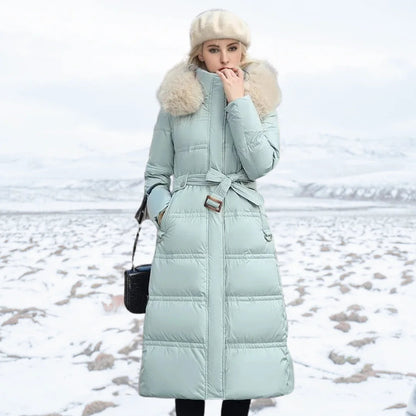 Designer winter parka with fur hood in Blue and White