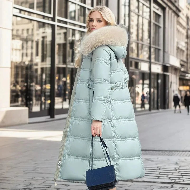 Designer winter parka with fur hood in Blue and White, another view