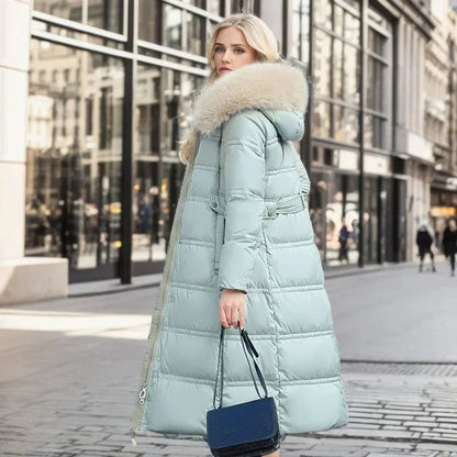 Designer winter parka with fur hood in Blue and White, another view
