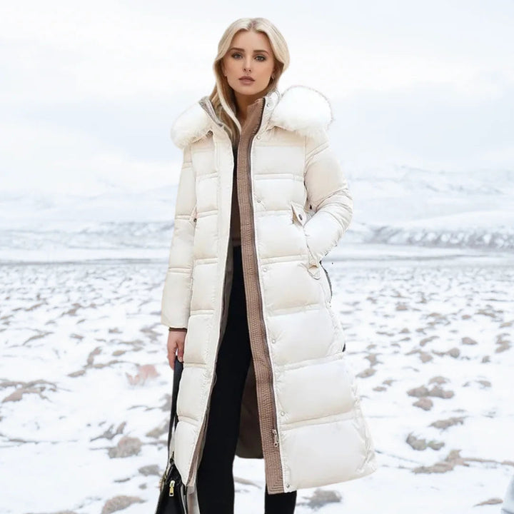 Women's Designer winter parka with fur hood — White