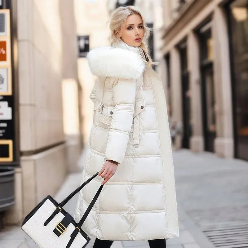 Designer winter parka with fur hood in White, another view