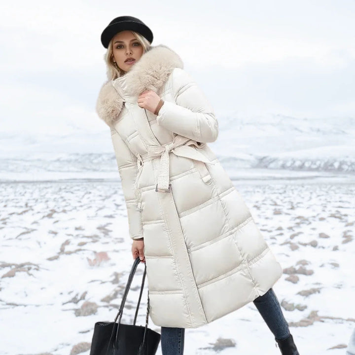 Women's Designer winter parka with fur hood — White and Beige