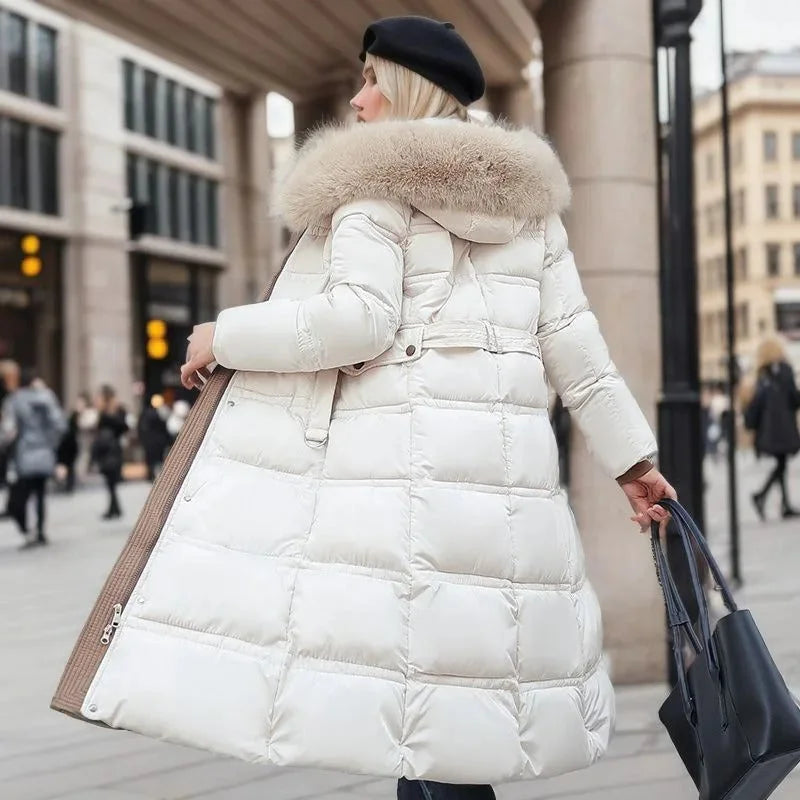 Designer winter parka with fur hood in White and Beige, another view