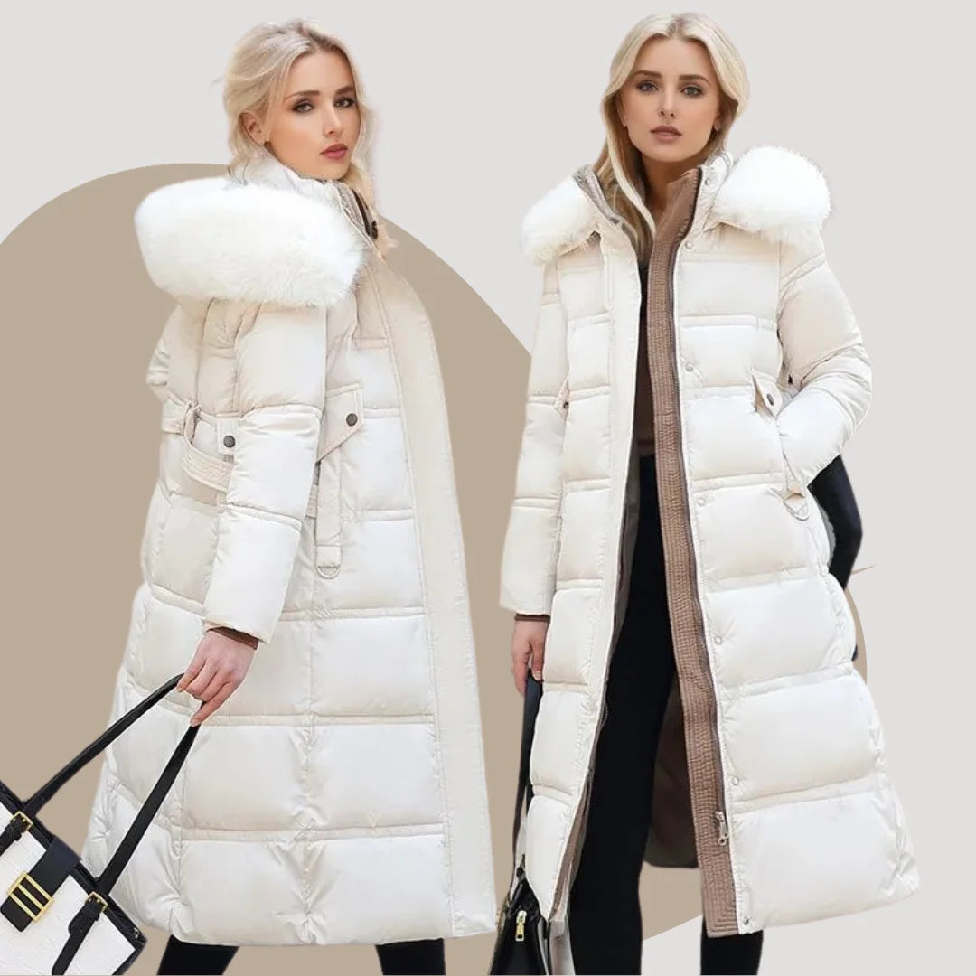 Designer winter parka with fur hood in White and Beige, another view