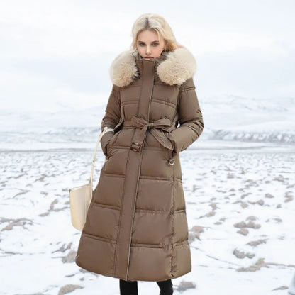 Designer winter parka with fur hood in Brown and Beige