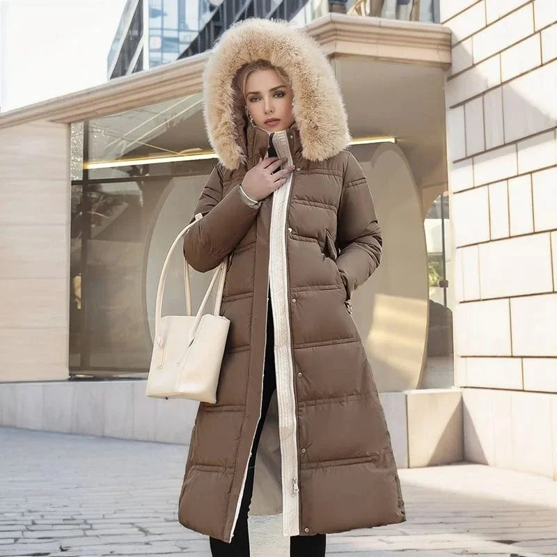 Designer winter parka with fur hood in Brown and Beige, another view