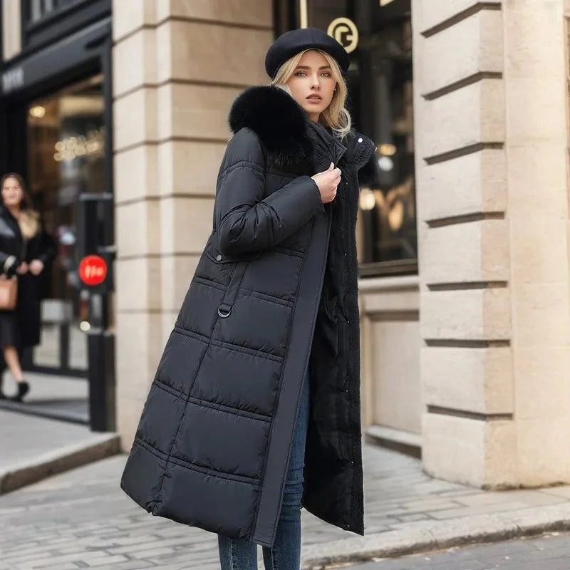 Designer winter parka with fur hood in Black, another view