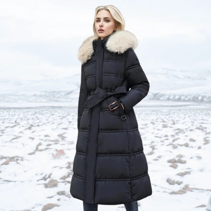 Designer winter parka with fur hood in Black and White