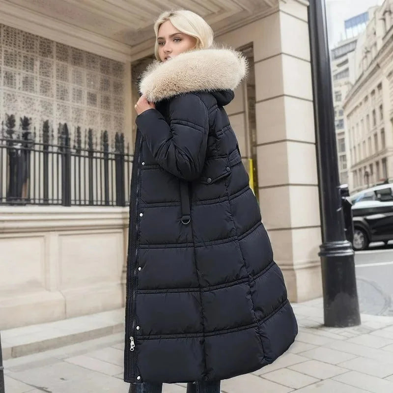 Designer winter parka with fur hood in Black and White, another view