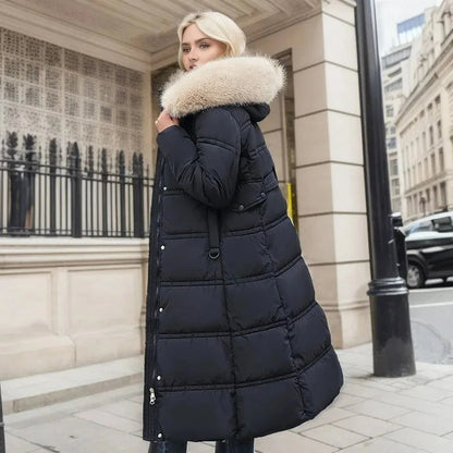 Designer winter parka with fur hood in Black and White, another view
